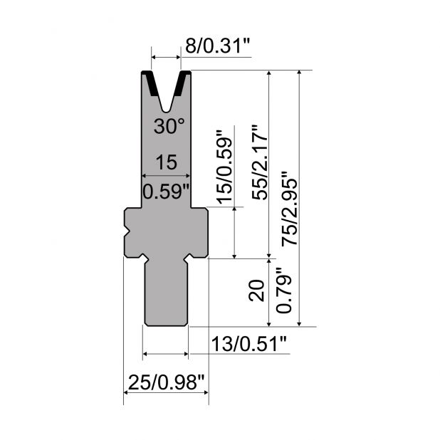 Matrize R2 mit Arbeitshöhe=55mm, α=30°, Radius=0,8mm, Material=42Cr, Max. Presskraft=200kN/m.