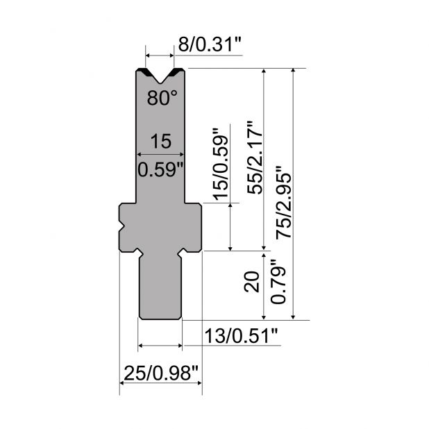 Matrize R2 mit Arbeitshöhe=55mm, α=80°, Radius=0,5mm, Material=42Cr, Max. Presskraft=1100kN/m.