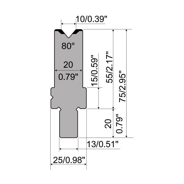 Matrize R2 mit Arbeitshöhe=55mm, α=80°, Radius=1mm, Material=42Cr, Max. Presskraft=1100kN/m.