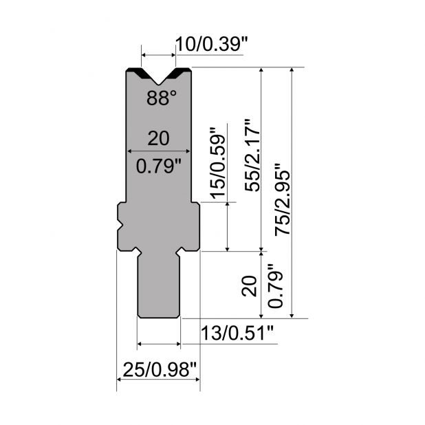 Matrize R2 mit Arbeitshöhe=55mm, α=88°, Radius=1mm, Material=42Cr, Max. Presskraft=1100kN/m.