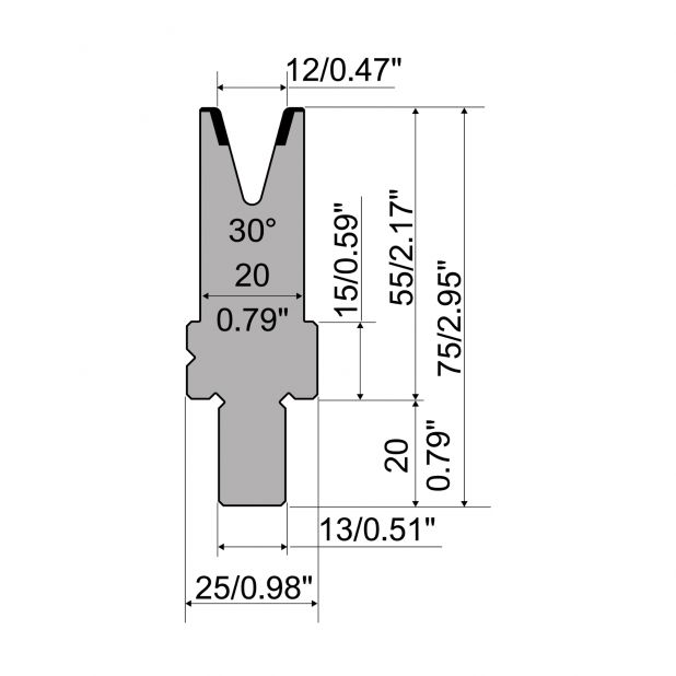 Matrize R2 mit Arbeitshöhe=55mm, α=30°, Radius=1,5mm, Material=42Cr, Max. Presskraft=300kN/m.