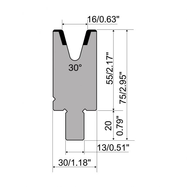 Matrize R2 mit Arbeitshöhe=55mm, α=30°, Radius=2mm, Material=42Cr, Max. Presskraft=450kN/m.