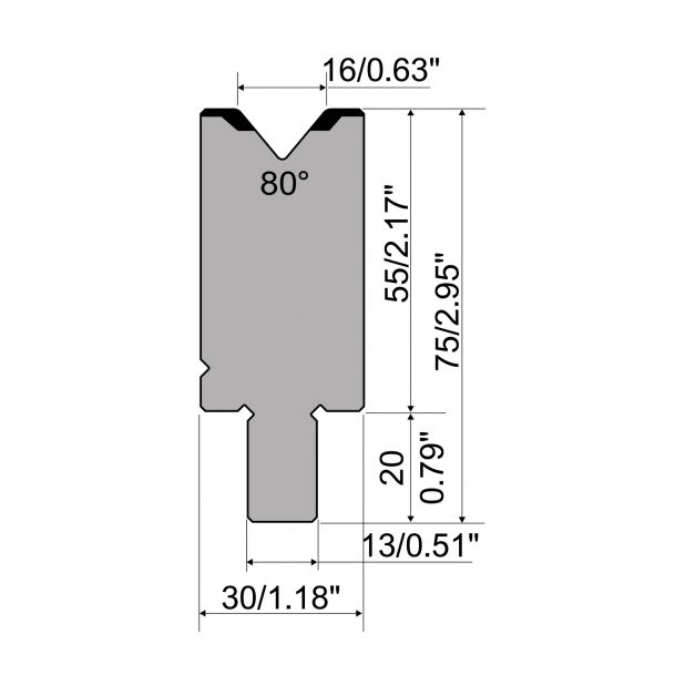 Matrize R2 mit Arbeitshöhe=55mm, α=80°, Radius=2mm, Material=42Cr, Max. Presskraft=1200kN/m.