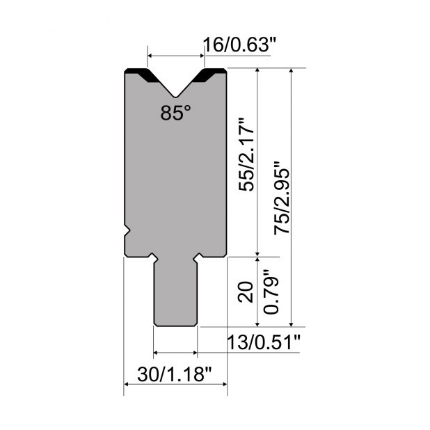 Matrize R2 mit Arbeitshöhe=55mm, α=85°, Radius=2mm, Material=42Cr, Max. Presskraft=1200kN/m.