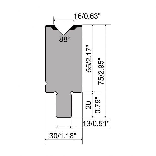 Matrize R2 mit Arbeitshöhe=55mm, α=88°, Radius=2mm, Material=42Cr, Max. Presskraft=1200kN/m.