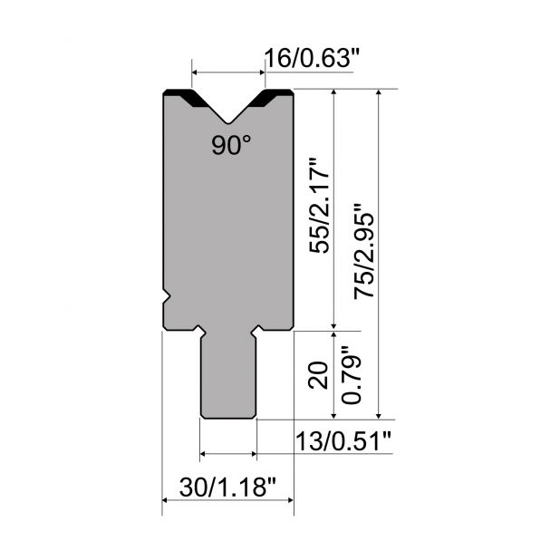 Matrize R2 mit Arbeitshöhe=55mm, α=90°, Radius=2mm, Material=42Cr, Max. Presskraft=1200kN/m.