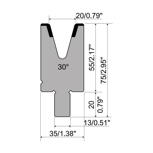 Matrize R2 mit Arbeitshöhe=55mm, α=30°, Radius=2,5mm, Material=42Cr, Max. Presskraft=500kN/m.