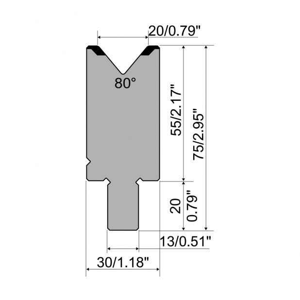 Matrize R2 mit Arbeitshöhe=55mm, α=80°, Radius=2mm, Material=42Cr, Max. Presskraft=1100kN/m.