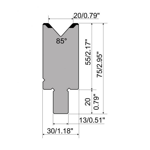 Matrize R2 mit Arbeitshöhe=55mm, α=85°, Radius=2mm, Material=42Cr, Max. Presskraft=1100kN/m.