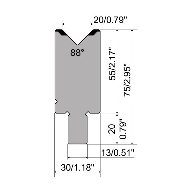 Matrize R2 mit Arbeitshöhe=55mm, α=88°, Radius=2mm, Material=42Cr, Max. Presskraft=1100kN/m.