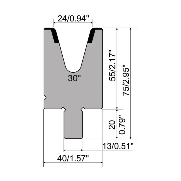 Matrize R2 mit Arbeitshöhe=55mm, α=30°, Radius=3mm, Material=42Cr, Max. Presskraft=550kN/m.