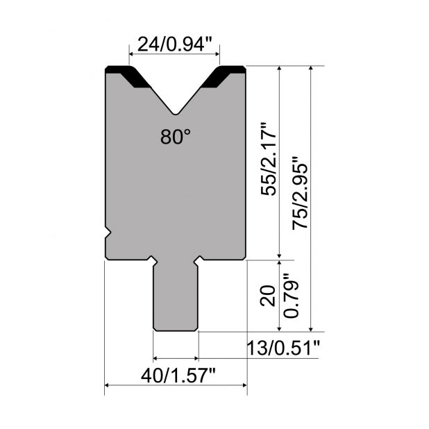 Matrize R2 mit Arbeitshöhe=55mm, α=80°, Radius=3mm, Material=42Cr, Max. Presskraft=1200kN/m.