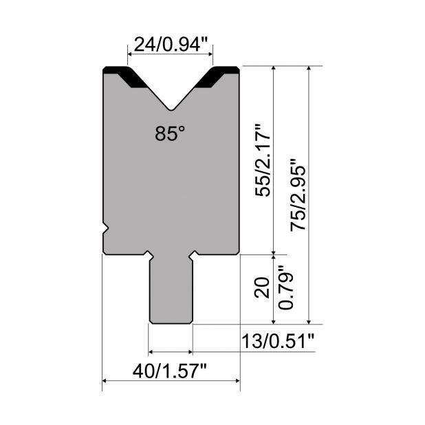 Matrize R2 mit Arbeitshöhe=55mm, α=85°, Radius=3mm, Material=42Cr, Max. Presskraft=1200kN/m.