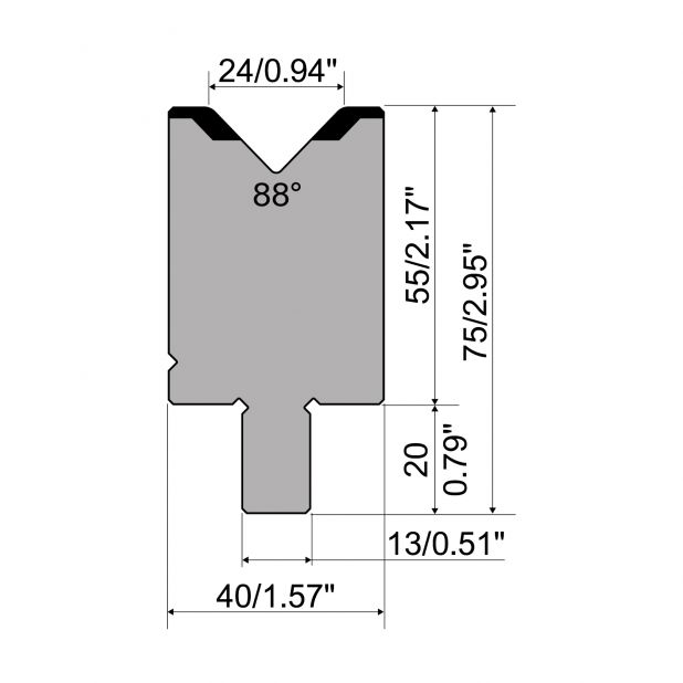 Matrize R2 mit Arbeitshöhe=55mm, α=88°, Radius=3mm, Material=42Cr, Max. Presskraft=1200kN/m.