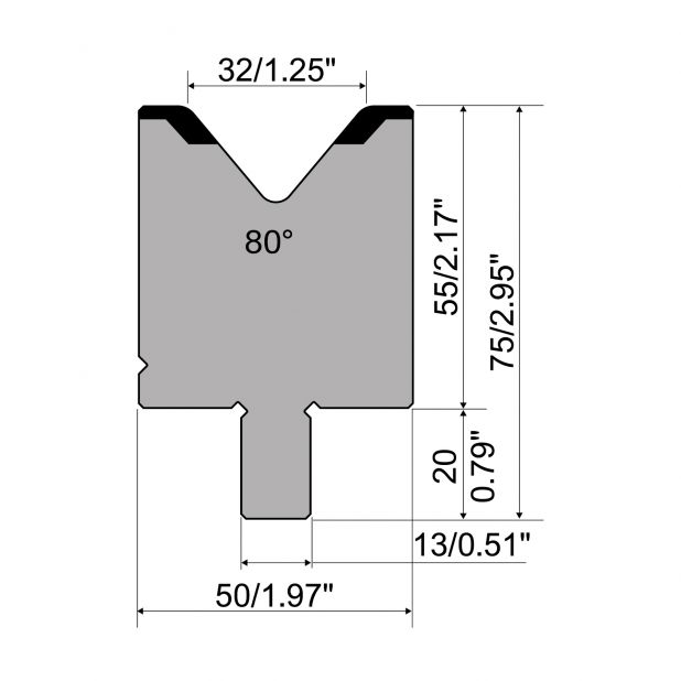 Matrize R2 mit Arbeitshöhe=55mm, α=80°, Radius=4mm, Material=42Cr, Max. Presskraft=1200kN/m.