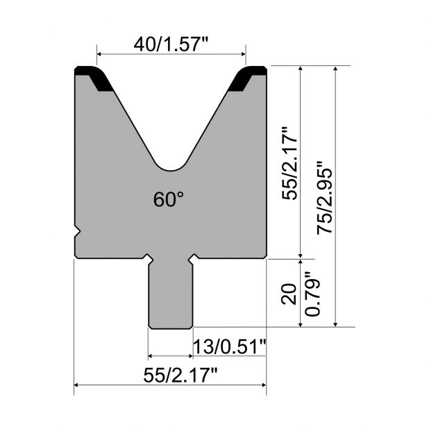 Matrize R2 mit Arbeitshöhe=55mm, α=60°, Radius=5mm, Material=42Cr, Max. Presskraft=1300kN/m.