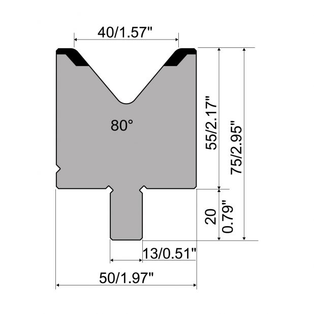 Matrize R2 mit Arbeitshöhe=55mm, α=80°, Radius=4mm, Material=42Cr, Max. Presskraft=1200kN/m.