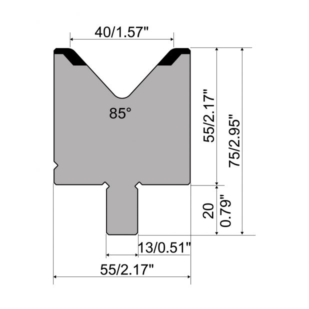 Matrize R2 mit Arbeitshöhe=55mm, α=85°, Radius=4mm, Material=42Cr, Max. Presskraft=1200kN/m.