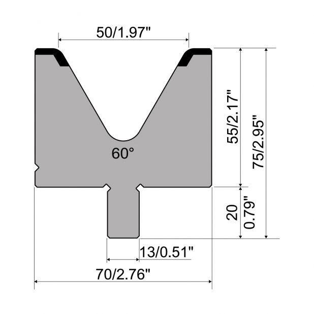 Matrize R2 mit Arbeitshöhe=55mm, α=60°, Radius=5mm, Material=42Cr, Max. Presskraft=1200kN/m.