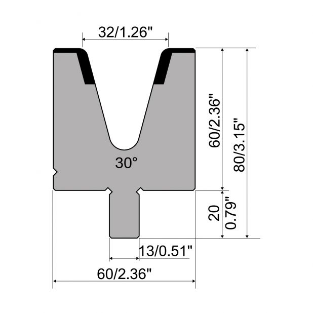 Matrize R2 mit Arbeitshöhe=60mm, α=30°, Radius=4mm, Material=42Cr, Max. Presskraft=650kN/m.