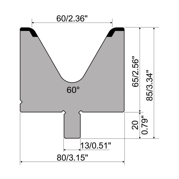 Matrize R2 mit Arbeitshöhe=65mm, α=60°, Radius=7mm, Material=42Cr, Max. Presskraft=1100kN/m.