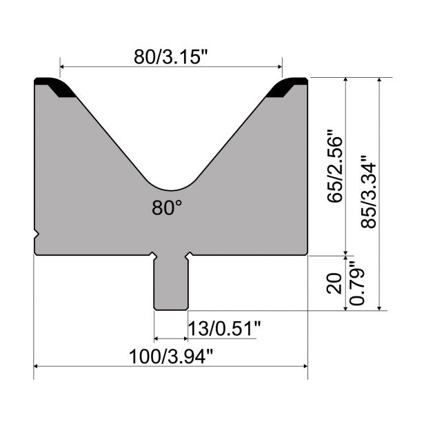 Matrize R2 mit Arbeitshöhe=65mm, α=80°, Radius=10mm, Material=42Cr, Max. Presskraft=1700kN/m.