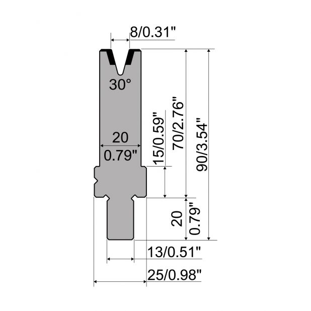 Matrize R2 mit Arbeitshöhe=70mm, α=30°, Radius=0,75mm, Material=42Cr, Max. Presskraft=200kN/m.