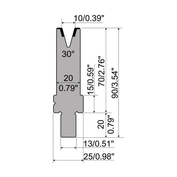 Matrize R2 mit Arbeitshöhe=70mm, α=30°, Radius=1mm, Material=42Cr, Max. Presskraft=350kN/m.