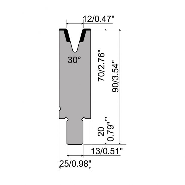 Matrize R2 mit Arbeitshöhe=70mm, α=30°, Radius=1,5mm, Material=42Cr, Max. Presskraft=300kN/m.