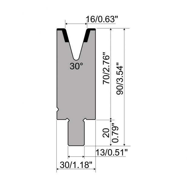 Matrize R2 mit Arbeitshöhe=70mm, α=30°, Radius=2mm, Material=42Cr, Max. Presskraft=450kN/m.