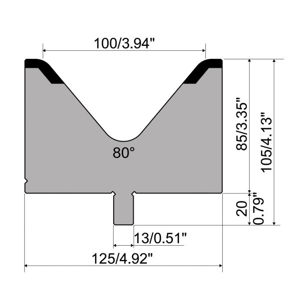 Matrize R2 mit Arbeitshöhe=85mm, α=80°, Radius=12mm, Material=42Cr, Max. Presskraft=2300kN/m.