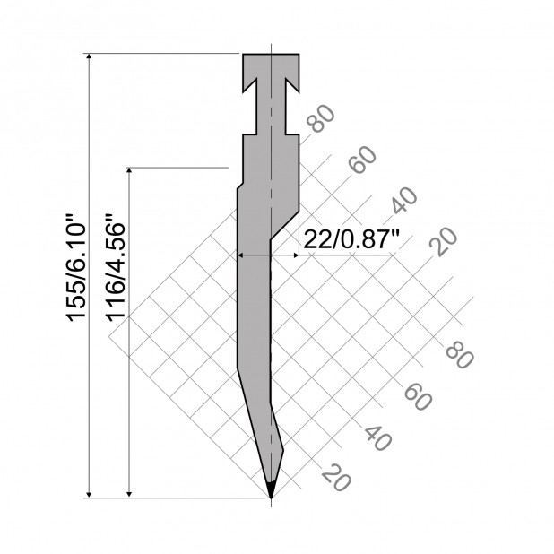 Oberwerkzeug R3 R mit Arbeitshöhe=116mm, α=28°, Radius=1mm, Material=42cr, Max. Presskraft=800kN/m.