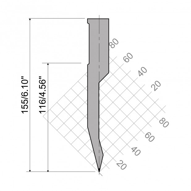 Oberwerkzeug R3 S mit Arbeitshöhe=116mm, α=28°, Radius=1mm, Material=42cr, Max. Presskraft=500kN/m.