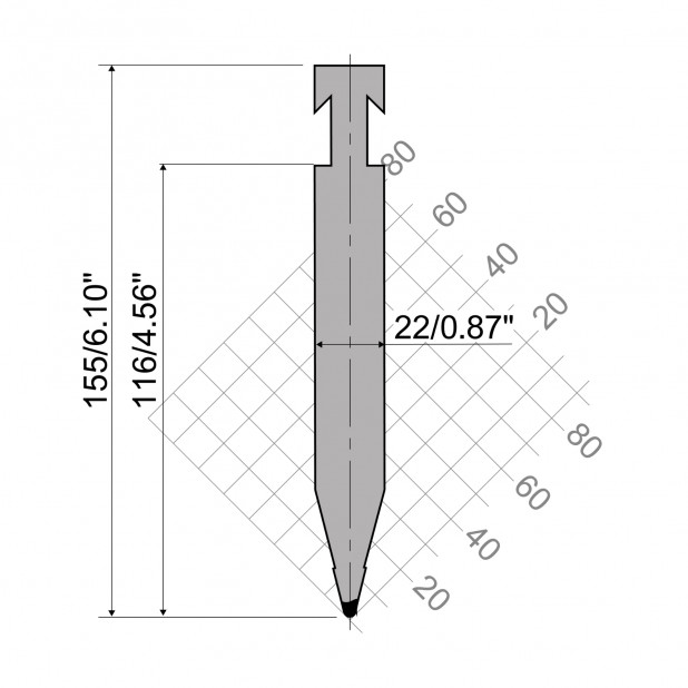 Oberwerkzeug R3 R mit Arbeitshöhe=116mm, α=28°, Radius=3mm, Material=42cr, Max. Presskraft=1000kN/m.