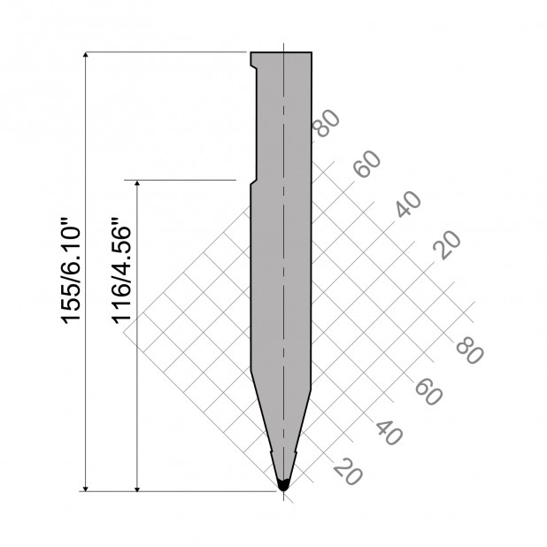 Oberwerkzeug R3 S mit Arbeitshöhe=116mm, α=28°, Radius=3mm, Material=C45, Max. Presskraft=1000kN/m.