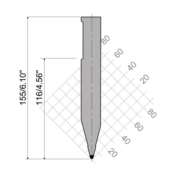 Oberwerkzeug R3 S mit Arbeitshöhe=116mm, α=28°, Radius=3mm, Material=C45, Max. Presskraft=1000kN/m.