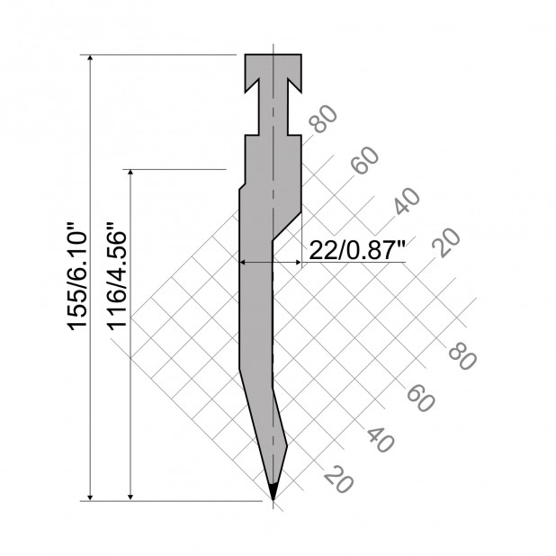 Oberwerkzeug R3 R mit Arbeitshöhe=116mm, α=30°, Radius=1mm, Material=42cr, Max. Presskraft=800kN/m.