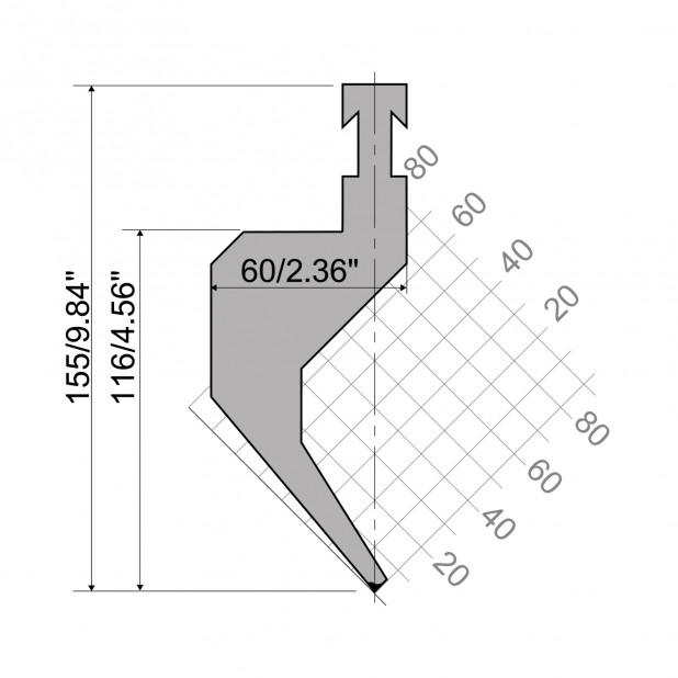 Oberwerkzeug R3 R mit Arbeitshöhe=116mm, α=85°, Radius=0,8mm, Material=42cr, Max. Presskraft=500kN/m.