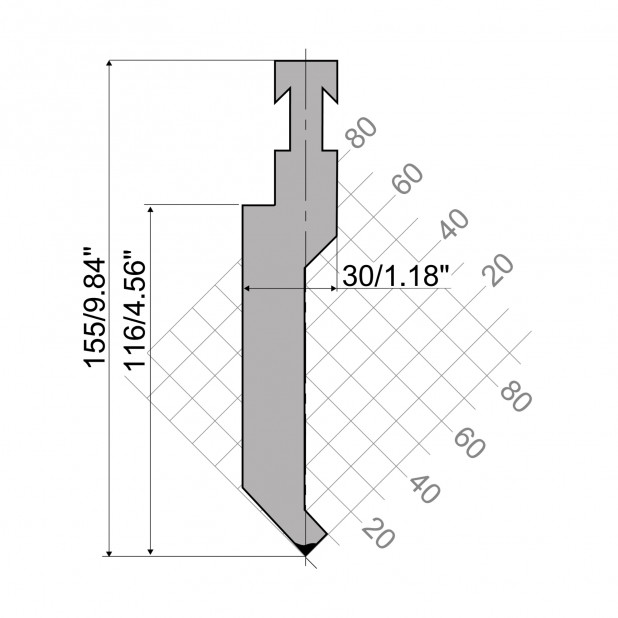 Oberwerkzeug R3 R mit Arbeitshöhe=116mm, α=85°, Radius=1mm, Material=42cr, Max. Presskraft=1000kN/m.