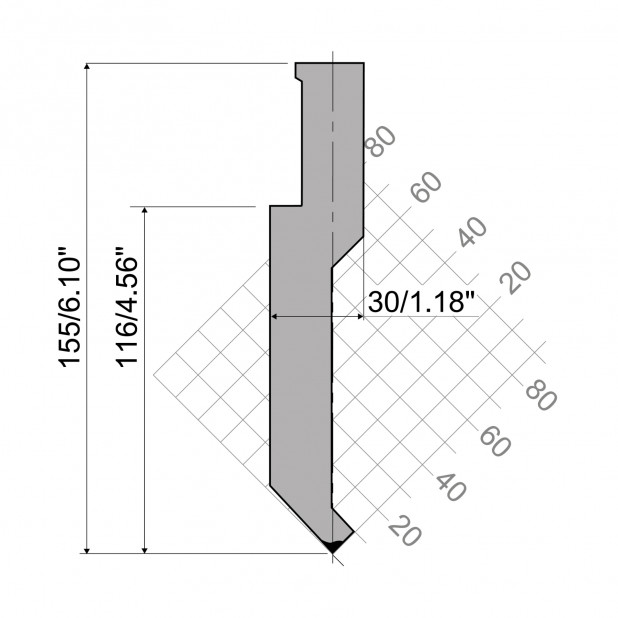 Oberwerkzeug R3 S mit Arbeitshöhe=116mm, α=85°, Radius=1mm, Material=42cr, Max. Presskraft=1000kN/m.