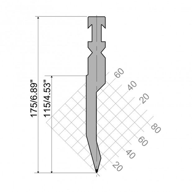 Oberwerkzeug R3 RFA mit Arbeitshöhe=115mm, α=30°, Radius=1mm, Material=42cr, Max. Presskraft=900kN/m.