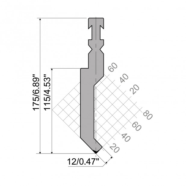 Oberwerkzeug R3 RFA mit Arbeitshöhe=115mm, α=88°, Radius=1mm, Material=42cr, Max. Presskraft=1000kN/m.