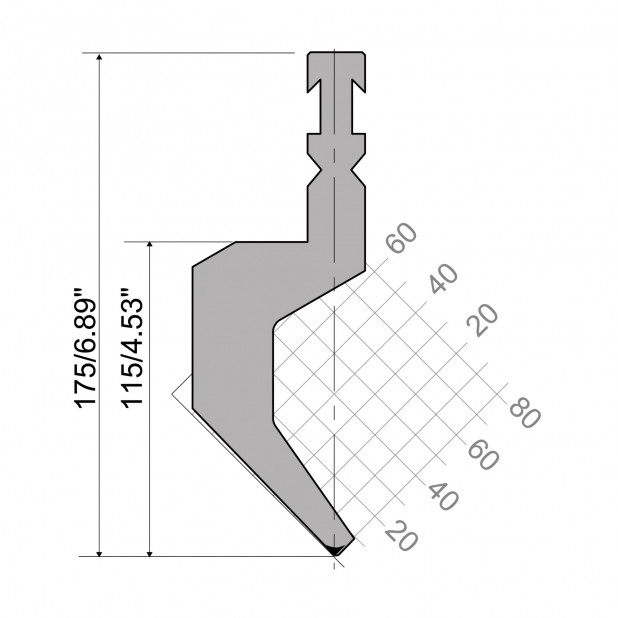 Oberwerkzeug R3 RFA mit Arbeitshöhe=115mm, α=88°, Radius=1,5mm, Material=42cr, Max. Presskraft=500kN/m.