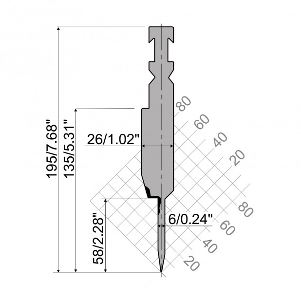 Zudrückwerkzeug R3 RFA mit Arbeitshöhe=135mm, α=28°, Radius=0,6mm, Material=42cr, Max. Presskraft=800-1000