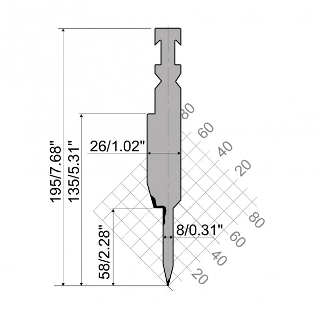 Zudrückwerkzeug R3 RFA mit Arbeitshöhe=135mm, α=28°, Radius=0,6mm, Material=42cr, Max. Presskraft=800-1000