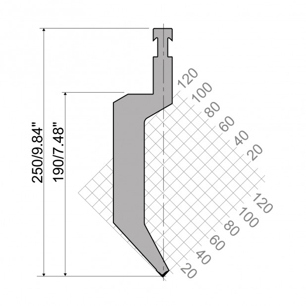 Oberwerkzeug R3 RF mit Arbeitshöhe=190mm, α=85°, Radius=1,5mm, Material=42cr, Max. Presskraft=1000kN/m.