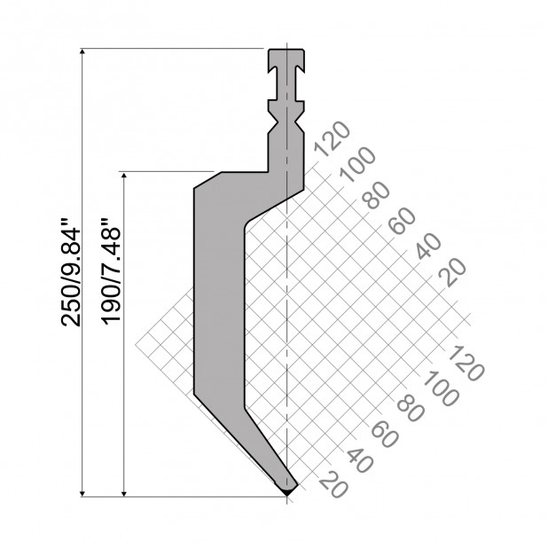 Oberwerkzeug R3 RFA mit Arbeitshöhe=190mm, α=85°, Radius=1,5mm, Material=42cr, Max. Presskraft=900kN/m.