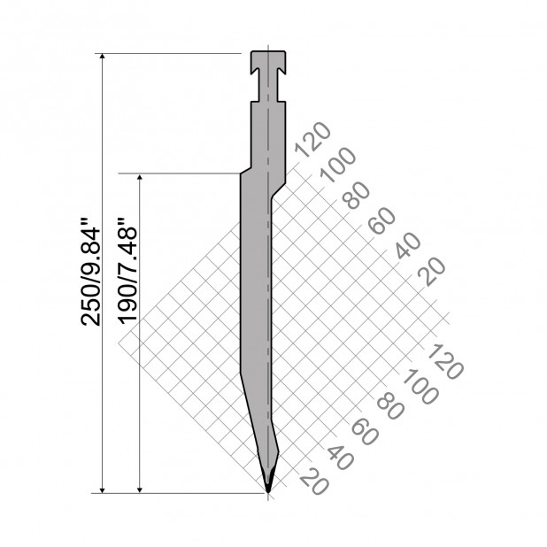Oberwerkzeug R3 RF mit Arbeitshöhe=190mm, α=26°, Radius=1,5mm, Material=42cr, Max. Presskraft=900kN/m.