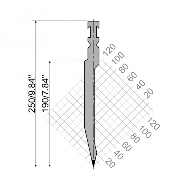 Oberwerkzeug R3 RFA mit Arbeitshöhe=190mm, α=26°, Radius=1mm, Material=42cr, Max. Presskraft=1000kN/m.