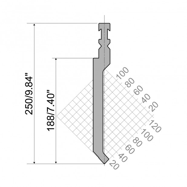 Oberwerkzeug R3 RFA mit Arbeitshöhe=188mm, α=85°, Radius=1mm, Material=42cr, Max. Presskraft=1400kN/m.